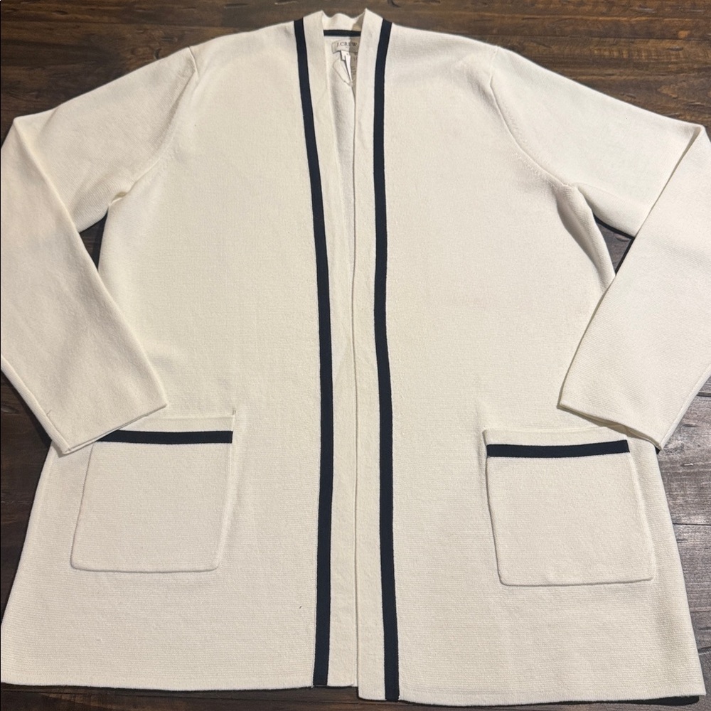 J. Crew Cream Open-Front Cardigan Black Trim, 100% Cotton, see pictures & notes
